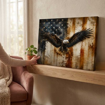 Bald Eagle Canvas Print, Rustic American Flag Patriotic Wall Art, 4th of July Decor, 250th Anniversary Gift