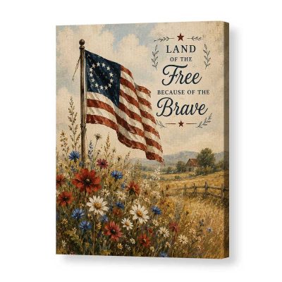 American Flag and Wildflowers Canvas, Patriotic 4th of July Floral Wall Art, Rustic USA Decor, Farmhouse 4th of July Decor Gift