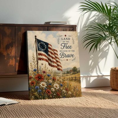 American Flag and Wildflowers Canvas, Patriotic 4th of July Floral Wall Art, Rustic USA Decor, Farmhouse 4th of July Decor Gift
