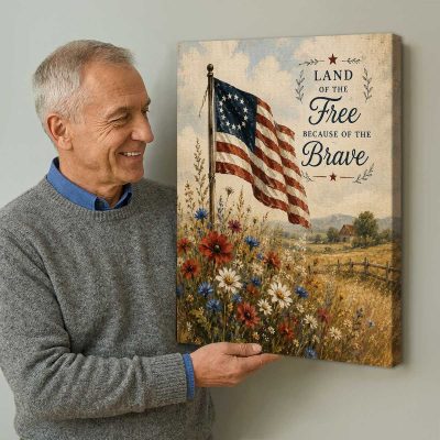 American Flag and Wildflowers Canvas, Patriotic 4th of July Floral Wall Art, Rustic USA Decor, Farmhouse 4th of July Decor Gift