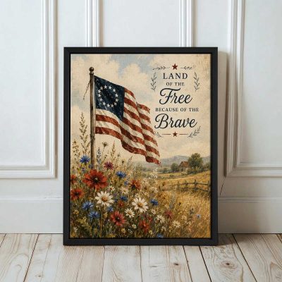 American Flag and Wildflowers Canvas, Patriotic 4th of July Floral Wall Art, Rustic USA Decor, Farmhouse 4th of July Decor Gift
