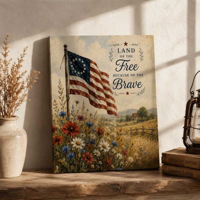 American Flag and Wildflowers Canvas, Patriotic 4th of July Floral Wall Art, Rustic USA Decor, Farmhouse 4th of July Decor Gift