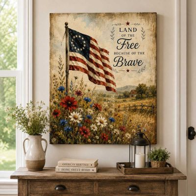 American Flag and Wildflowers Canvas, Patriotic 4th of July Floral Wall Art, Rustic USA Decor, Farmhouse 4th of July Decor Gift