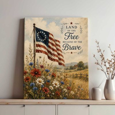 American Flag and Wildflowers Canvas, Patriotic 4th of July Floral Wall Art, Rustic USA Decor, Farmhouse 4th of July Decor Gift