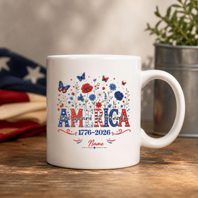 Custom America 250 Years Mug, Patriotic Floral Coffee Cup, Fourth of July Freedom Mug, USA 1776-2026 Semiquincentennial Gift
