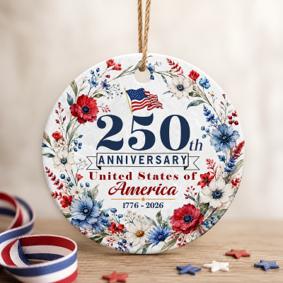 America 250th Anniversary Floral Ornament, United States 1776 2026 Keepsake, Fourth of July Decor, USA 250 Ornament