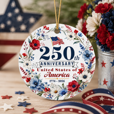 America 250th Anniversary Floral Ornament, United States 1776 2026 Keepsake, Fourth of July Decor, USA 250 Ornament