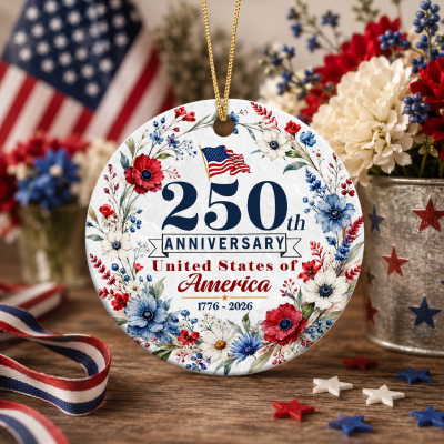 America 250th Anniversary Floral Ornament, United States 1776 2026 Keepsake, Fourth of July Decor, USA 250 Ornament