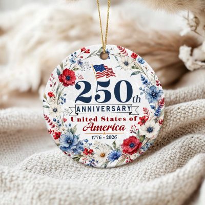 America 250th Anniversary Floral Ornament, United States 1776 2026 Keepsake, Fourth of July Decor, USA 250 Ornament