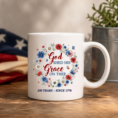 America 250th Anniversary Mug, Floral Patriotic Cup, US Semiquincentennial Coffee Cup, 4th of July Gift