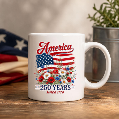America 250 Years Coffee Mug, American Flag Patriotic Coffee Cup, 4th of July Americana Gift