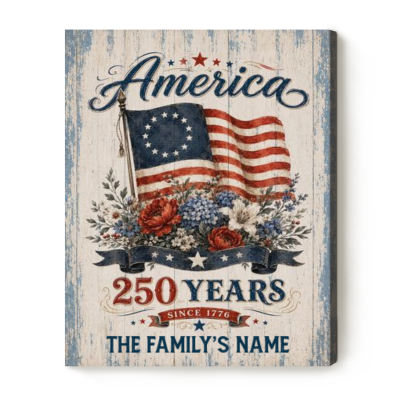 Custom USA 250th Anniversary Canvas, America 250 Years Wall Art, 1776-2026 Patriotic Floral Sign, Independence Day Gift