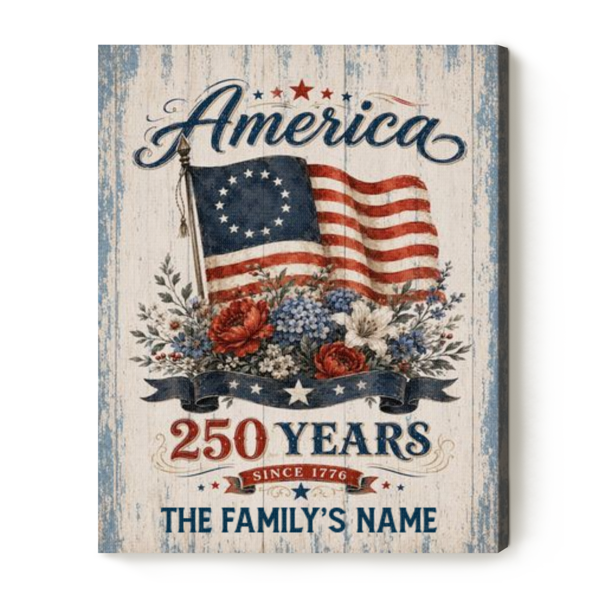 Custom USA 250th Anniversary Canvas, America 250 Years Wall Art, 1776-2026 Patriotic Floral Sign, Independence Day Gift