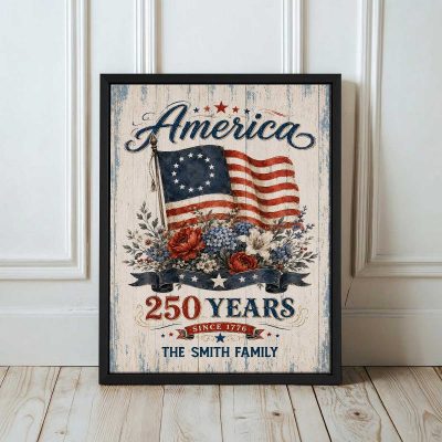 Custom USA 250th Anniversary Canvas, America 250 Years Wall Art, 1776-2026 Patriotic Floral Sign, Independence Day Gift