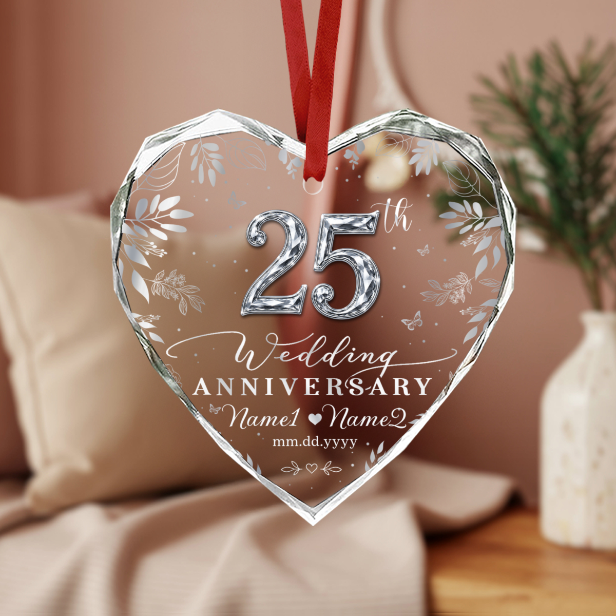 Personalized 25th Wedding Anniversary Ornament, Custom Silver Anniversary Keepsake, Heart Crystal Ornament, 25 Year Marriage Gift, Gift for Couple