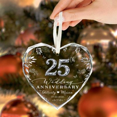 Personalized 25th Wedding Anniversary Ornament, Custom Silver Anniversary Keepsake, Heart Crystal Ornament, 25 Year Marriage Gift, Gift for Couple