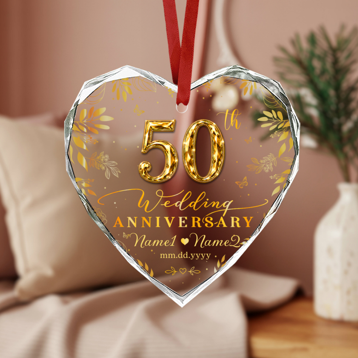 Personalized 50th Wedding Anniversary Ornament, Custom Golden Anniversary Heart Ornament, 50 Year Marriage Keepsake, Anniversary Gift for Parents, Christmas Ornament