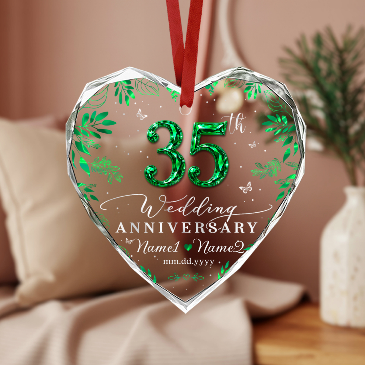 Personalized 35th Wedding Anniversary Ornament, Custom Coral Anniversary Heart Ornament, 35 Year Marriage Keepsake, Anniversary Gift for Couple, Christmas Ornament