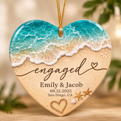 Personalized Beach Engagement Ornament, Engaged Christmas Ornament, Engagement Keepsake Gift, Xmas Newly Engaged Gift