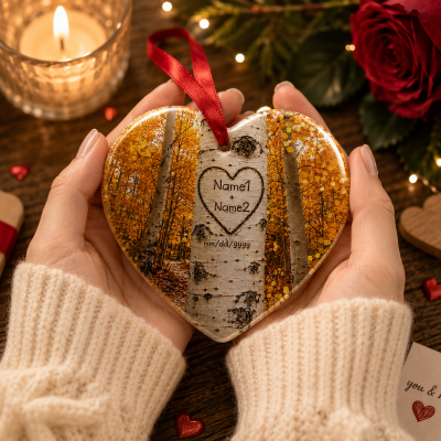 Personalized Carved Initials Birch Tree Ornament, Engagement Ornament, Romantic Christmas Gift for Couples, Anniversary Keepsake