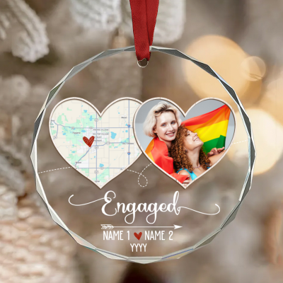 Personalized LGBT Couple Map Engagement Ornament, Same Sex Engaged Photo Ornament, LGBTQ Engagement Christmas Gift, Pride Couple Keepsake