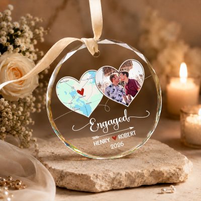 Personalized LGBT Couple Map Engagement Ornament, Same Sex Engaged Photo Ornament, LGBTQ Engagement Christmas Gift, Pride Couple Keepsake