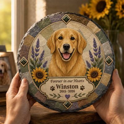 Personalized Dog Memorial Slate Stone, Custom Photo Pet Memorial Mosaic Art Round, Dog Tombstone Garden Plaque, Sympathy Gift