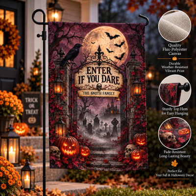 Goth Halloween Garden Flag, Custom Gothic Family Welcome Flag, Personalized Gothic Halloween Decor, Enter If You Dare Halloween Yard Flag