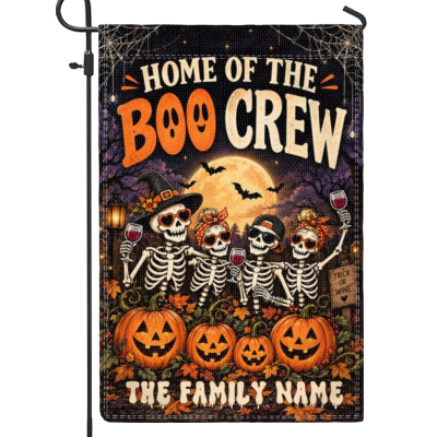 Funny Halloween Yard Flag, Personalized Skeleton Garden Flag, Spooky Seasonal Decor, Home of the Boo Crew Halloween Garden Flag