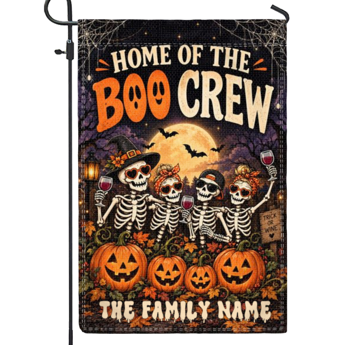 Funny Halloween Yard Flag, Personalized Skeleton Garden Flag, Spooky Seasonal Decor, Home of the Boo Crew Halloween Garden Flag