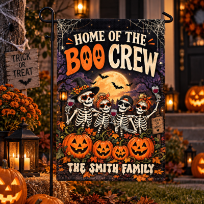 Funny Halloween Yard Flag, Personalized Skeleton Garden Flag, Spooky Seasonal Decor, Home of the Boo Crew Halloween Garden Flag