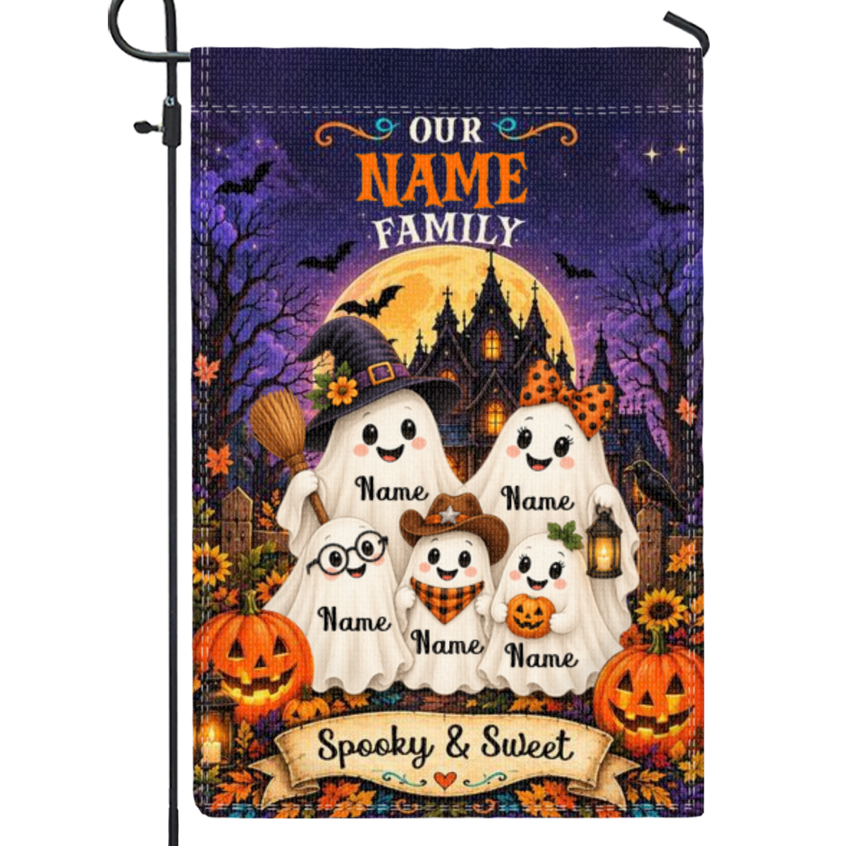 Personalized Halloween Yard Flag, Custom Family Halloween Flag, Spooky Seasonal Decor, Ghost Family Halloween Garden Flag