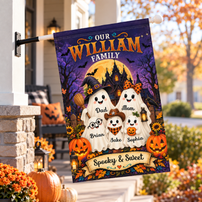 Personalized Halloween Yard Flag, Custom Family Halloween Flag, Spooky Seasonal Decor, Ghost Family Halloween Garden Flag