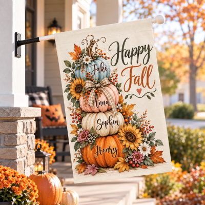 Personalized Pumpkin Garden Flag, Autumn Yard Decor, Halloween Pumpkin Yard Flag, Stacked Pumpkins Family Garden Flag