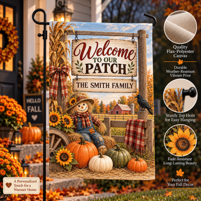 Custom Vintage Harvest Garden Flag, Fall Pumpkin Yard Flag, Rustic Harvest Yard Decor, Welcome To Our Patch Family Autumn Flag