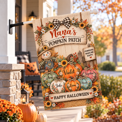 Personalized Grandmother Halloween Garden Flag, Grandkids Halloween Garden Flag, Grandma Fall Season Yard Decor, Nana Pumpkin Patch Flag