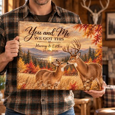 Custom Deer Couple Canvas Print, Personalized Anniversary Gift for Couples, Husband & Wife Wedding Keepsake, Rustic Deer Wall Art