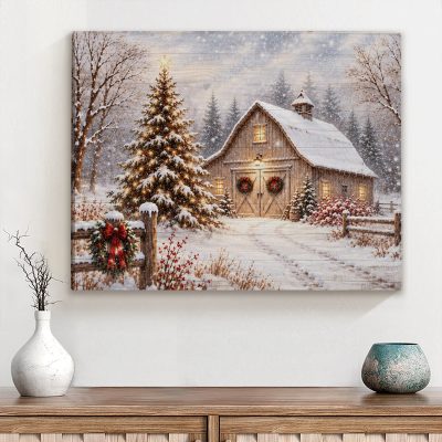 Christmas Barn Canvas Wall Art, Snowy Winter Farmhouse Decor, Rustic Christmas Landscape Print, Peaceful Holiday Gift for Home