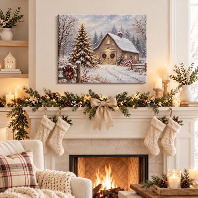 Christmas Barn Canvas Wall Art, Snowy Winter Farmhouse Decor, Rustic Christmas Landscape Print, Peaceful Holiday Gift for Home