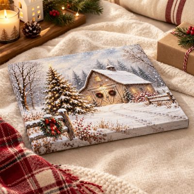 Christmas Barn Canvas Wall Art, Snowy Winter Farmhouse Decor, Rustic Christmas Landscape Print, Peaceful Holiday Gift for Home