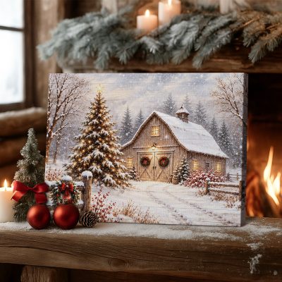Christmas Barn Canvas Wall Art, Snowy Winter Farmhouse Decor, Rustic Christmas Landscape Print, Peaceful Holiday Gift for Home