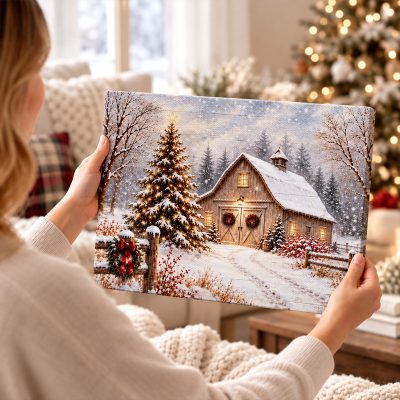 Christmas Barn Canvas Wall Art, Snowy Winter Farmhouse Decor, Rustic Christmas Landscape Print, Peaceful Holiday Gift for Home