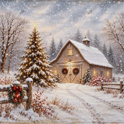 Christmas Barn Canvas Wall Art, Snowy Winter Farmhouse Decor, Rustic Christmas Landscape Print, Peaceful Holiday Gift for Home