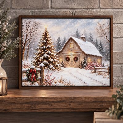 Christmas Barn Canvas Wall Art, Snowy Winter Farmhouse Decor, Rustic Christmas Landscape Print, Peaceful Holiday Gift for Home