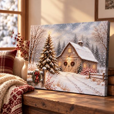 Christmas Barn Canvas Wall Art, Snowy Winter Farmhouse Decor, Rustic Christmas Landscape Print, Peaceful Holiday Gift for Home