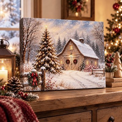 Christmas Barn Canvas Wall Art, Snowy Winter Farmhouse Decor, Rustic Christmas Landscape Print, Peaceful Holiday Gift for Home