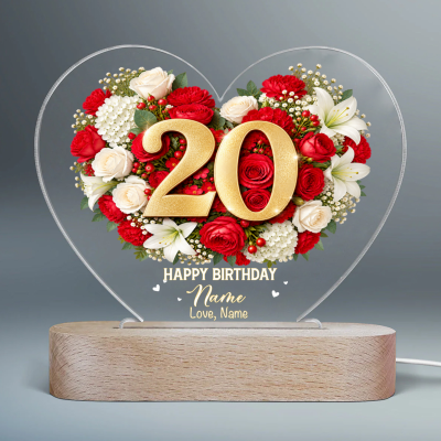 Personalized 20th Birthday LED Night Light, Custom Name Floral Heart Lamp, 20th Birthday Gift for Daughter
