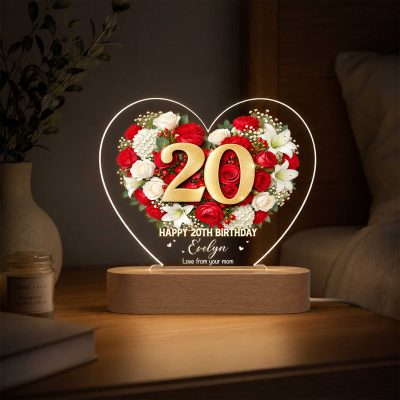 Personalized 20th Birthday LED Night Light, Custom Name Floral Heart Lamp, 20th Birthday Gift for Daughter