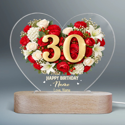 Personalized 30th Birthday LED Night Light, Custom Name Floral Heart Lamp, 30th Birthday Gift for Her