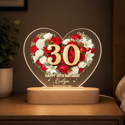 Personalized 30th Birthday LED Night Light, Custom Name Floral Heart Lamp, 30th Birthday Gift for Her